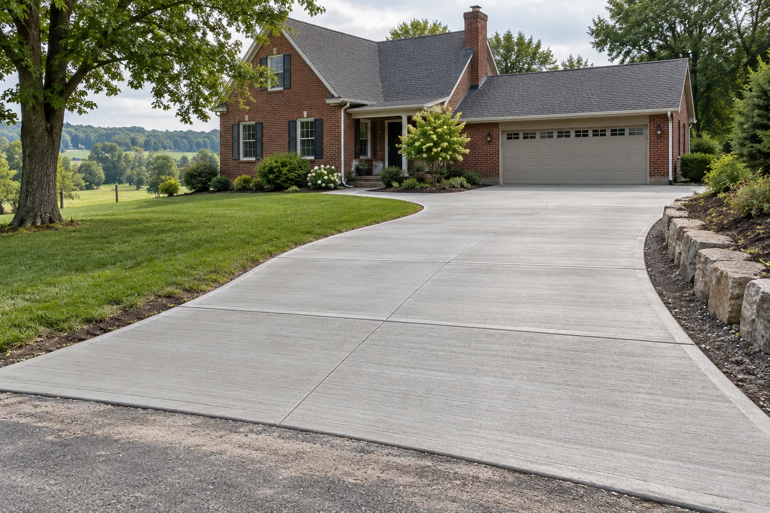 AI-generated concept image of a finished concrete driveway at a brick home.