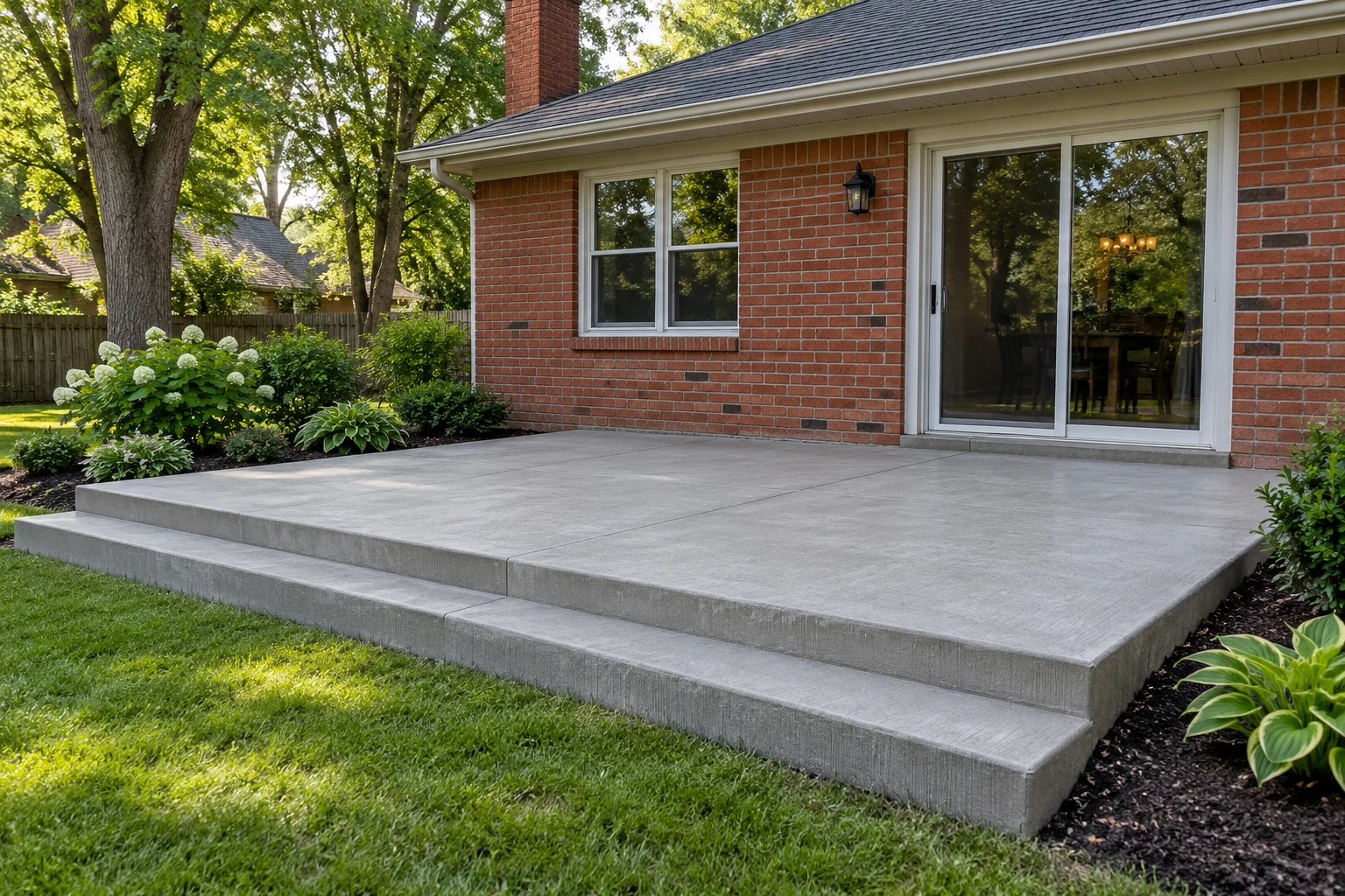 AI-generated concept image of a concrete patio and steps behind a brick home.