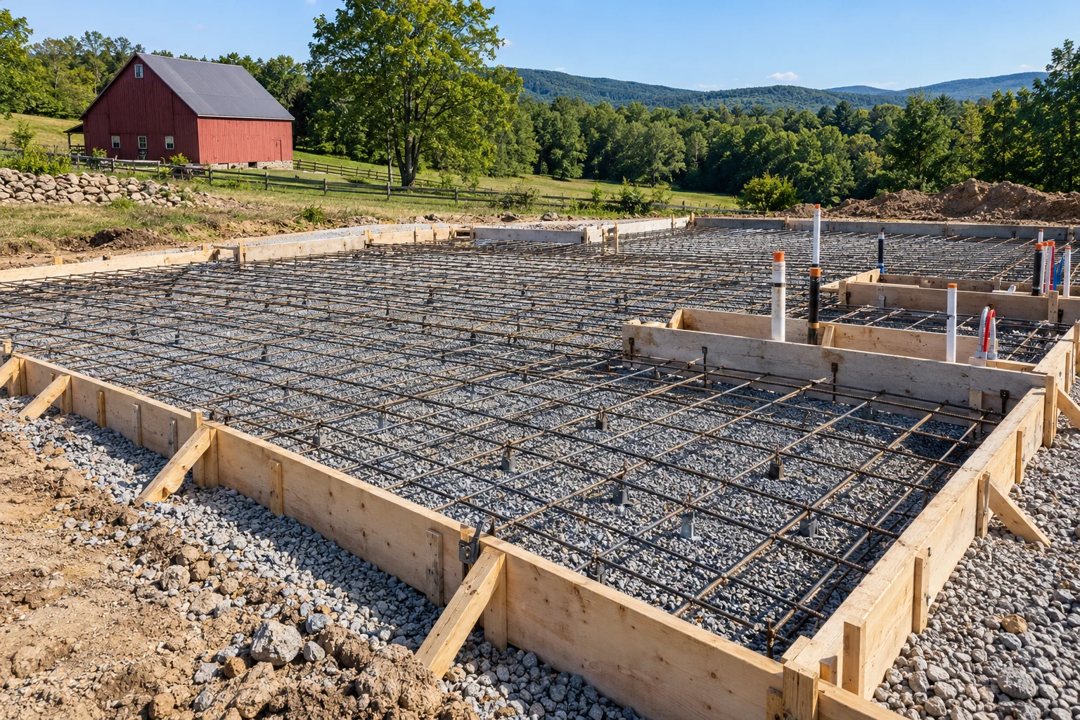 AI-generated concept image of a reinforced concrete foundation slab before pouring.