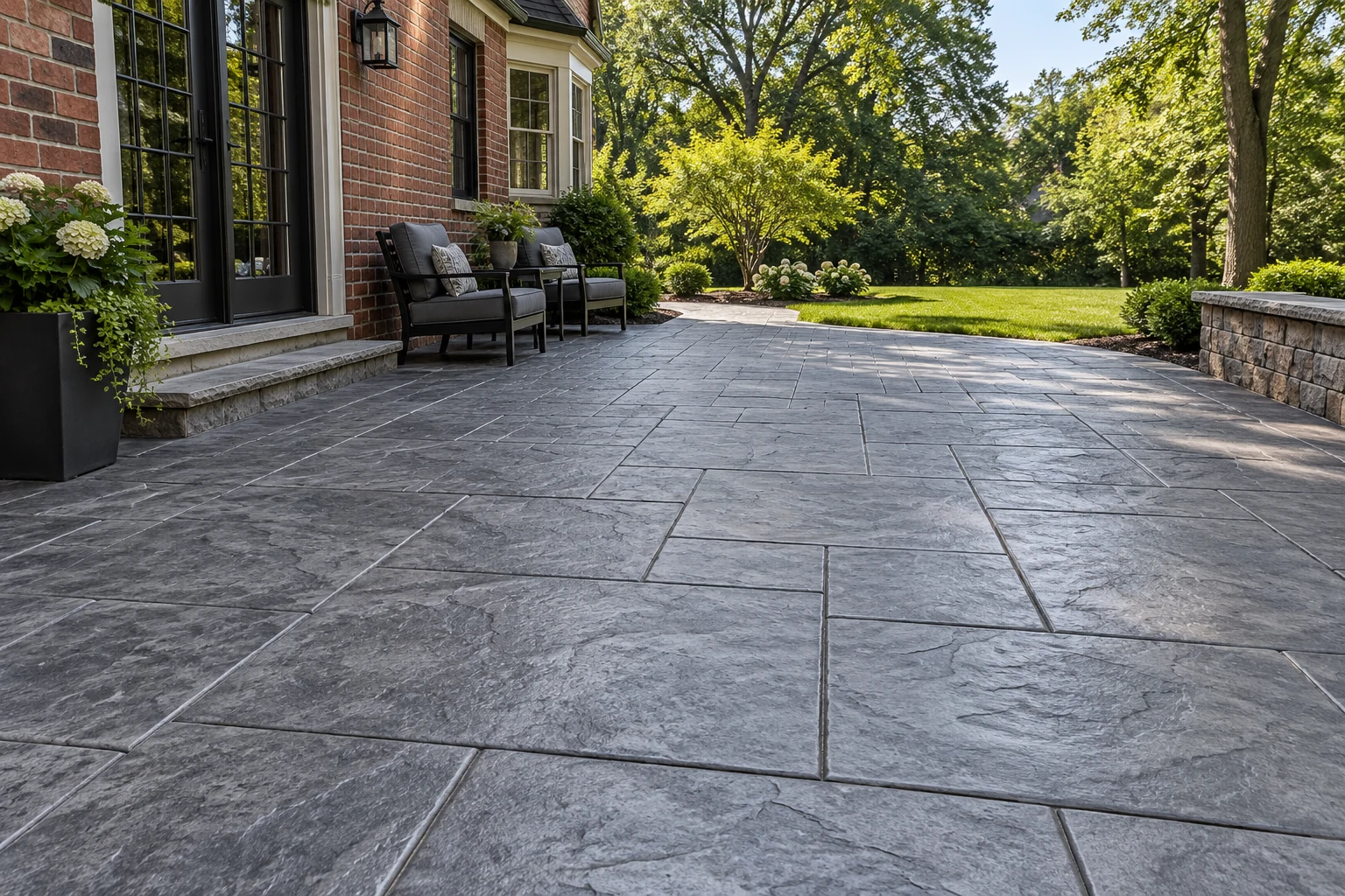 AI-generated concept image of a stamped concrete patio with a stone pattern.